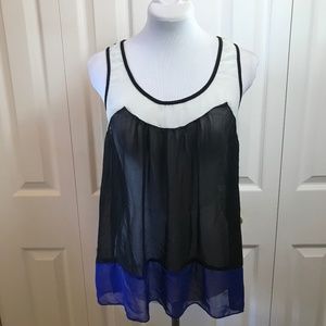 ISSI Sheer Black White Blue Tunic Flowy Top M